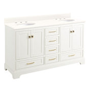 Signature Hardware Quen 60" Freestanding Double Basin Vanity Set with Cabinet, Vanity Top, and Oval Undermount Sinks - 8" Widespread Faucet Holes Soft White / Arctic White