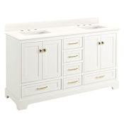 Signature Hardware Quen 60" Freestanding Double Basin Vanity Set with Cabinet, Vanity Top, and Rectangular Undermount Sinks - 8" Widespread Faucet Holes Soft White / Arctic White