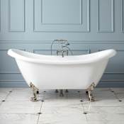 Signature Hardware Rosalind 63" Acrylic Soaking Clawfoot Tub with Lion Paw Feet, Rolled Rim and External Drain and Overflow White / Brushed Nickel