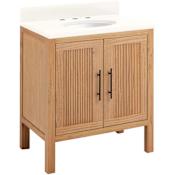 Signature Hardware Ayanna 30" Freestanding Mindi Wood Single Basin Vanity Set with Cabinet, Vanity Top and Oval Undermount Sink - 8" Widespread Faucet Holes Natural Mindi / Arctic White