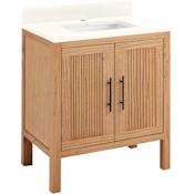 Signature Hardware Ayanna 32" Freestanding Mindi Wood Single Basin Vanity Set with Cabinet, Vanity Top and Rectangular Undermount Sink - Single Faucet Hole Natural Mindi / Arctic White