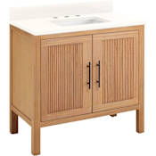 Signature Hardware Ayanna 36" Freestanding Mindi Wood Single Basin Vanity Set with Cabinet, Vanity Top and Rectangular Undermount Sink - 8" Widespread Faucet Holes Natural Mindi / Arctic White