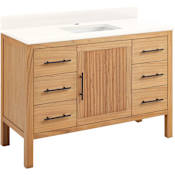 Signature Hardware Ayanna 48" Freestanding Mindi Wood Single Basin Vanity Set with Cabinet, Vanity Top and Rectangular Undermount Sink - Single Faucet Hole Natural Mindi / Arctic White