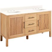 Signature Hardware Ayanna 60" Freestanding Mindi Wood Double Basin Vanity Set with Cabinet, Vanity Top and Rectangular Undermount Sinks - 8" Widespread Faucet Holes Natural Mindi / Arctic White