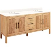 Signature Hardware Ayanna 72" Freestanding Mindi Wood Single Basin Vanity Set with Cabinet, Vanity Top and Oval Undermount Sink - 8" Widespread Faucet Holes Natural Mindi / Arctic White