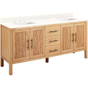 Signature Hardware Ayanna 72" Freestanding Mindi Wood Double Basin Vanity Set with Cabinet, Vanity Top and Rectangular Undermount Sinks - 8" Widespread Faucet Holes Natural Mindi / Arctic White