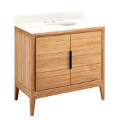 Signature Hardware Aliso 36" Freestanding Teak Single Basin Vanity Set with Cabinet, Vanity Top, and Oval Undermount Sink - 8" Widespread Faucet Holes Natural Teak / Arctic White
