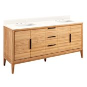 Signature Hardware Aliso 72" Freestanding Teak Double Basin Vanity Set with Cabinet, Vanity Top, and Rectangular Undermount Sinks - 8" Widespread Faucet Holes Natural Teak / Arctic White