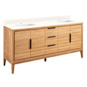 Signature Hardware Aliso 72" Freestanding Teak Double Basin Vanity Set with Cabinet, Vanity Top, and Rectangular Undermount Sinks - Single Faucet Holes Natural Teak / Arctic White