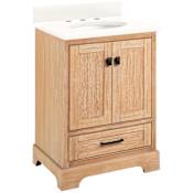 Signature Hardware Quen 24" Freestanding Single Basin Vanity Set with Cabinet, Vanity Top, and Oval Undermount Sink - 8" Widespread Faucet Holes Driftwood Brown / Arctic White Quartz