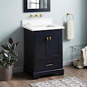 Signature Hardware Quen 24" Freestanding Single Basin Vanity Set with Cabinet, Vanity Top, and Rectangular Undermount Sink - No Faucet Holes Midnight Navy Blue / Arctic White Quartz