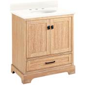 Signature Hardware Quen 30" Freestanding Single Basin Vanity Set with Cabinet, Vanity Top, and Oval Undermount Sink - 8" Widespread Faucet Holes Driftwood Brown / Arctic White Quartz