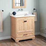 Signature Hardware Quen 30" Freestanding Single Basin Vanity Set with Cabinet, Vanity Top, and Rectangular Undermount Sink - No Faucet Holes Driftwood Brown / Arctic White Quartz
