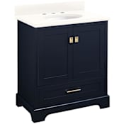 Signature Hardware Quen 30" Freestanding Single Basin Vanity Set with Cabinet, Vanity Top, and Oval Undermount Sink - 8" Widespread Faucet Holes Midnight Navy Blue / Arctic White Quartz