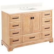 Signature Hardware Quen 48" Freestanding Single Basin Vanity Set with Cabinet, Vanity Top, and Rectangular Undermount Sink - 8" Widespread Faucet Holes Driftwood Brown / Arctic White Quartz