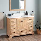 Signature Hardware Quen 48" Freestanding Single Basin Vanity Set with Cabinet, Vanity Top, and Rectangular Undermount Sink - No Faucet Holes Driftwood Brown / Arctic White Quartz