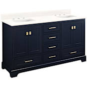 Signature Hardware Quen 60" Freestanding Double Basin Vanity Set with Cabinet, Vanity Top, and Rectangular Undermount Sinks - 8" Widespread Faucet Holes Midnight Navy Blue / Arctic White Quartz
