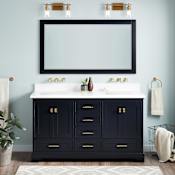 Signature Hardware Quen 60" Freestanding Double Basin Vanity Set with Cabinet, Vanity Top, and Rectangular Undermount Sinks - No Faucet Holes Midnight Navy Blue / Arctic White Quartz