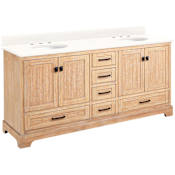 Signature Hardware Quen 72" Freestanding Double Basin Vanity Set with Cabinet, Vanity Top, and Oval Undermount Sinks - 8" Widespread Faucet Holes Driftwood Brown / Arctic White Quartz