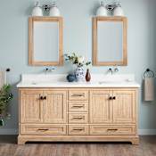 Signature Hardware Quen 72" Freestanding Double Basin Vanity Set with Cabinet, Vanity Top, and Rectangular Undermount Sinks - No Faucet Holes Driftwood Brown / Arctic White Quartz