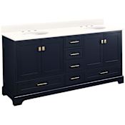 Signature Hardware Quen 72" Freestanding Double Basin Vanity Set with Cabinet, Vanity Top, and Oval Undermount Sinks - 8" Widespread Faucet Holes Midnight Navy Blue / Arctic White Quartz