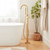 Signature Hardware Lexia Floor Mounted Tub Filler Faucet - Includes Hand Shower and Valve with Stops Brushed Gold
