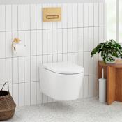 Signature Hardware Arnelle 1.1 / 1.6 GPF Dual Flush Wall Mounted One Piece Elongated Chair Height Toilet with Actuator Plate Flush - Seat and Carrier Included White / Brushed Gold