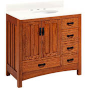 Signature Hardware Maybeck 36" Freestanding Oak Single Basin Vanity Set with Cabinet, Vanity Top, and Oval Undermount Sink - 8" Widespread Faucet Holes Tinted Oak / Arctic White