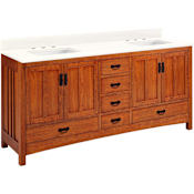 Signature Hardware Maybeck 72" Freestanding Oak Double Basin Vanity Set with Cabinet, Vanity Top, and Rectangular Undermount Sinks - 8" Widespread Faucet Holes Tinted Oak / Arctic White