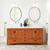 Signature Hardware Maybeck 72" Freestanding Oak Double Basin Vanity Set with Cabinet, Vanity Top, and Rectangular Undermount Sinks - No Faucet Holes Tinted Oak / Arctic White