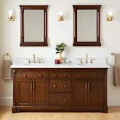 Signature Hardware Claudia 72" Freestanding Mahogany Double Basin Vanity Set with Cabinet, Vanity Top, and Oval Undermount Sinks - 8" Widespread Faucet Holes Antique Coffee / Carrara Marble