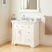 Signature Hardware Claudia 36" Mahogany Single Basin Vanity Set with Cabinet, Vanity Top, and Rectangular Undermount Sink - 8" Widespread Faucet Holes Antique White / Carrara Marble