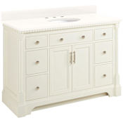 Signature Hardware Claudia 48" Mahogany Single Basin Vanity Set with Cabinet, Vanity Top, and Oval Undermount Sink - 8" Widespread Faucet Holes Antique White / Arctic White Quartz