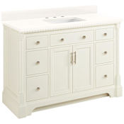 Signature Hardware Claudia 48" Mahogany Single Basin Vanity Set with Cabinet, Vanity Top, and Rectangular Undermount Sink - 8" Widespread Faucet Holes Antique White / Arctic White Quartz