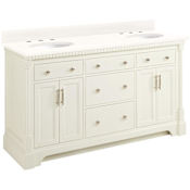 Signature Hardware Claudia 60" Mahogany Double Basin Vanity Set with Cabinet, Vanity Top, and Oval Undermount Sinks - 8" Widespread Faucet Holes Antique White / Arctic White Quartz