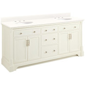 Signature Hardware Claudia 72" Freestanding Mahogany Double Basin Vanity Set with Cabinet, Vanity Top, and Oval Undermount Sinks - 8" Widespread Faucet Holes Antique White / Arctic White Quartz