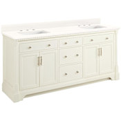 Signature Hardware Claudia 72" Freestanding Mahogany Double Basin Vanity Set with Cabinet, Vanity Top, and Rectangular Undermount Sinks - 8" Widespread Faucet Holes Antique White / Arctic White Quartz