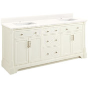Signature Hardware Claudia 72" Freestanding Mahogany Double Basin Vanity Set with Cabinet, Vanity Top, and Rectangular Undermount Sinks - Single Faucet Hole Antique White / Arctic White Quartz