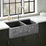 Signature Hardware Finbrook 36" Farmhouse 60/40 Double Basin Chiseled Granite Kitchen Sink Black Granite