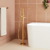 Signature Hardware Drea Freestanding Tub Filler with Built-In Diverter with Hand Shower and Valve Brushed Gold