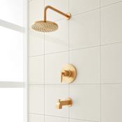 Signature Hardware Drea Pressure Balanced Tub and Shower System with Rainfall Shower Head, Shower Arm, and Valve Trim - Accufit Rough-In Valve Included Brushed Gold