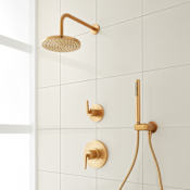 Signature Hardware Drea Pressure Balanced Shower System with Rainfall Shower Head, Hand Shower, Shower Arm, Hose, and Valve Trim - Accufit Rough-In Valve Included Brushed Gold