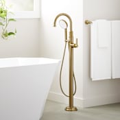 Signature Hardware Greyfield Freestanding Tub Filler with Hand Shower and Valve with Stops Aged Brass