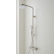 Signature Hardware Hollybrook Thermostatic Exposed Pipe Shower System with Rainfall Shower Head, Multifunction Hand Shower, and Hose Brushed Nickel