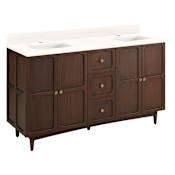 Signature Hardware Delavan 60" Freestanding Mahogany Double Basin Vanity Set with Cabinet, Vanity Top, and Rectangular Undermount Sinks - Single Faucet Holes Cold Brew / Arctic White