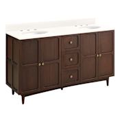 Signature Hardware Delavan 60" Freestanding Mahogany Double Basin Vanity Set with Cabinet, Vanity Top, and Oval Undermount Sinks - 8" Widespread Faucet Holes Cold Brew / Arctic White