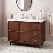 Signature Hardware Delavan 48" Freestanding Mahogany Single Basin Vanity Set with Cabinet, Vanity Top, and Left Offset Rectangular Undermount Sink - 8" Widespread Faucet Holes Cold Brew / Carrara Marble