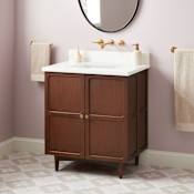 Signature Hardware Delavan 30" Freestanding Mahogany Single Basin Vanity Set with Cabinet, Vanity Top, and Rectangular Undermount Sink - No Faucet Holes Cold Brew / Arctic White