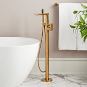 Signature Hardware Berwyn Freestanding Tub Filler with Hand Shower and Valve with Stops Brushed Gold
