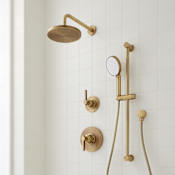 Signature Hardware Greyfield Pressure Balanced Shower System with Rainfall Shower Head, Slide Bar, Hand Shower, Hose, Valve Trim and Diverter - Accufit Rough-In Valve Included Aged Brass